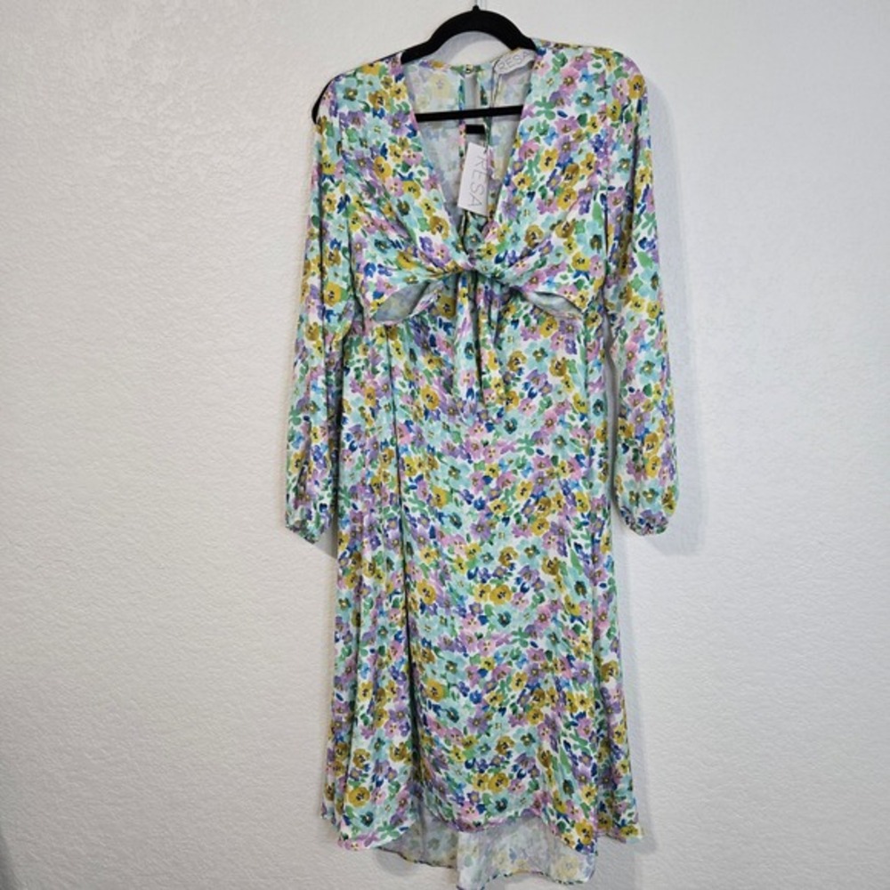 RESA Noelle Dress Monet Floral Print Tie Front Cutout Midi Long‎ Sleeve Size M